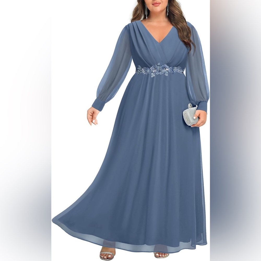 Pinup Fashion. Dusty Blue Chiffon Maxi. Size 24W.